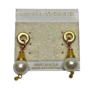 Fifth Avenue Earrings Hypo-Allergenic Faux Pearls Gold Tone Dangle Stud Ears NOS